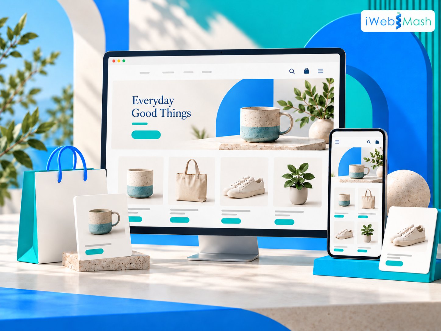 Illustration of an online storefront with product cards and a mobile shopping preview.