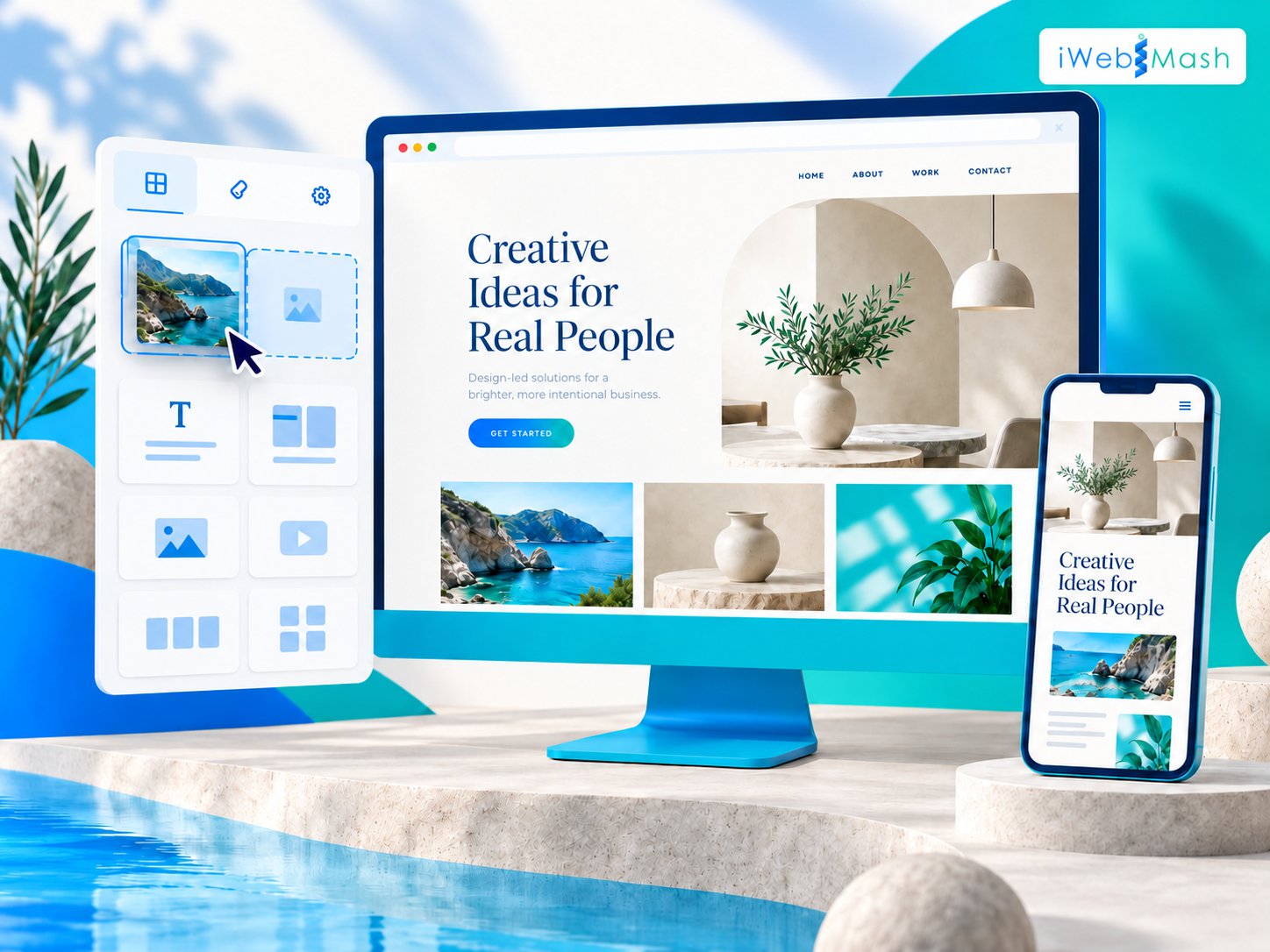 Illustration of a visual website editor with draggable content blocks and desktop and mobile page previews.